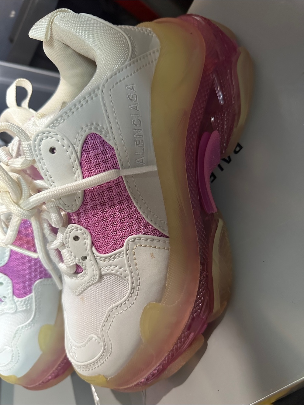 Balenciaga White and Pink Triple S Chunky Sneakers - Picture 11 of 16